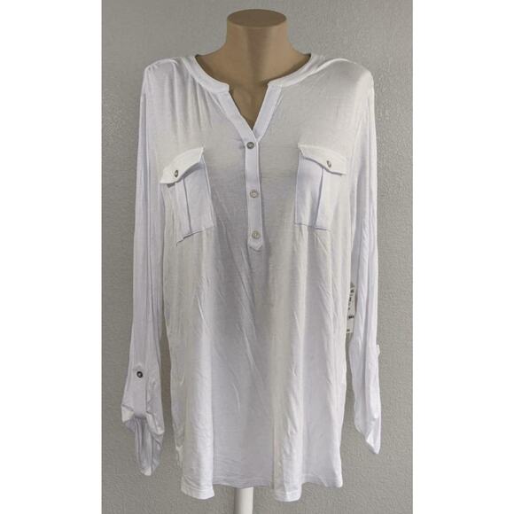Style & Co Split Neck Roll Tab Sleeve Top White XL Women Lightweight Office Work - Picture 1 of 8
